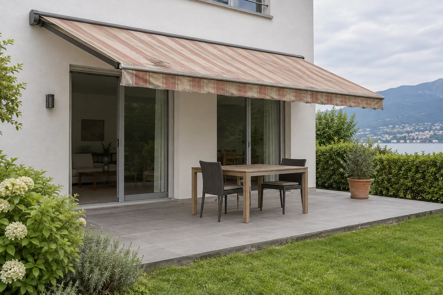 Terrasse mit verwittertem Markisentuch vor einer Erneuerung